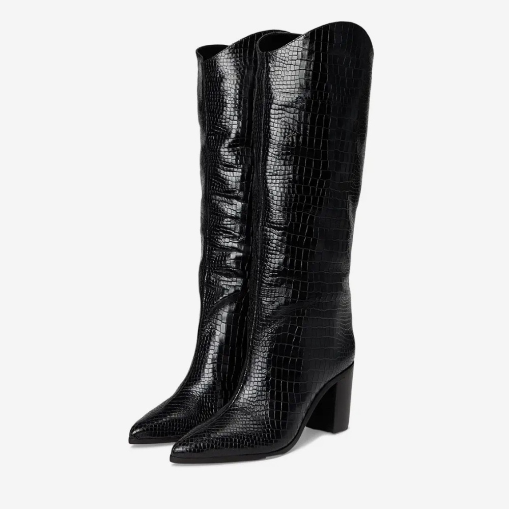 SCHUTZ Maryana Croc-Embossed Block Heel Pointed-Toe Tall Boots Black